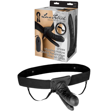 Lux Fetish Unisex Vibrating Hollow Double Penetration Strap-on Dildo, черный