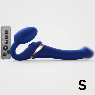 Вибрострапон Strap-On-Me Multi Orgasm с 3 моторами и клиторальным стимулятором, S, синий